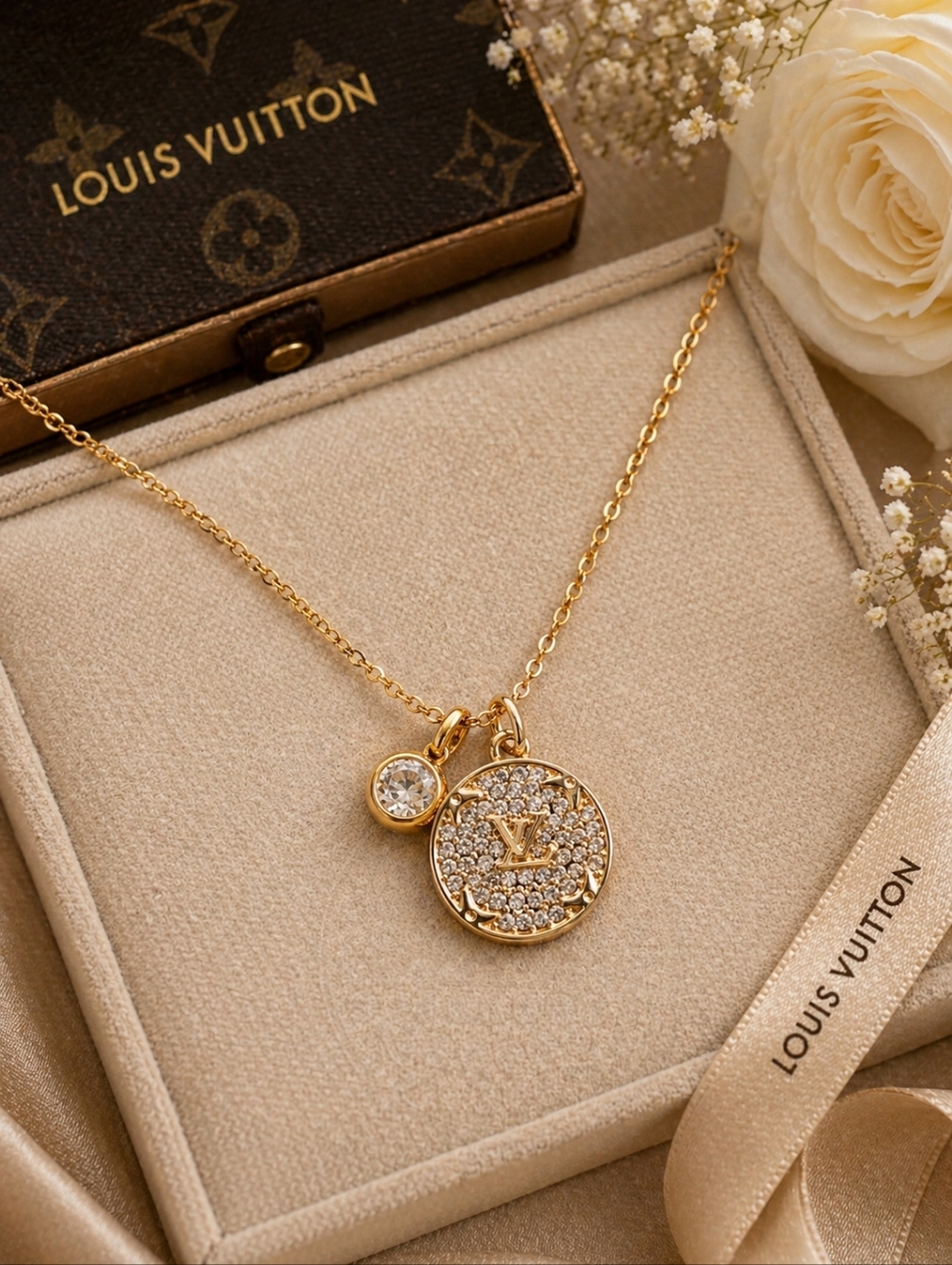 Upcycled Louis Vuitton Gold Pavé Crystal Round Pendant  With 1 Ct Moissanite